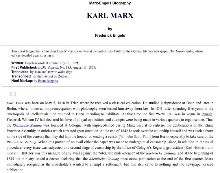 Marx/engels Biography: "Karl Marx", by Friedich Engels Primary