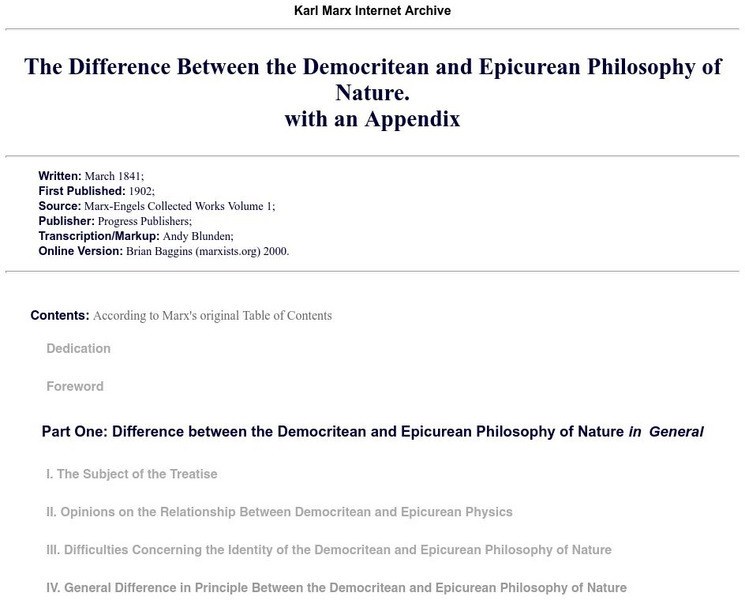 Works of Marx and Engels: Marx's Doctoral Dissertation Handout