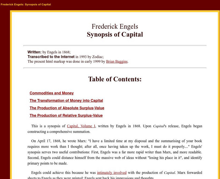 Marxists.org: Synopsis of Capital Handout