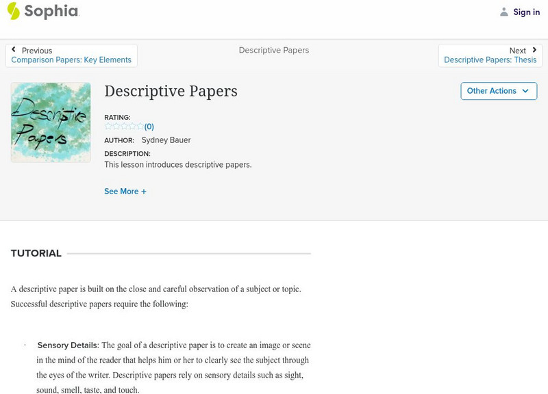 Sophia: Descriptive Papers Unit Plan Sophia: Descriptive Papers Unit Plan
