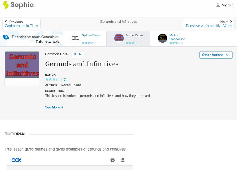 Sophia: Gerunds and Infinitives: Lesson 1 PPT Sophia: Gerunds and Infinitives: Lesson 1 PPT