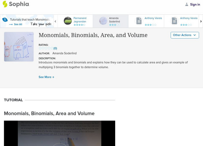 Sophia: Monomials, Binomials, Area, and Volume Instructional Video