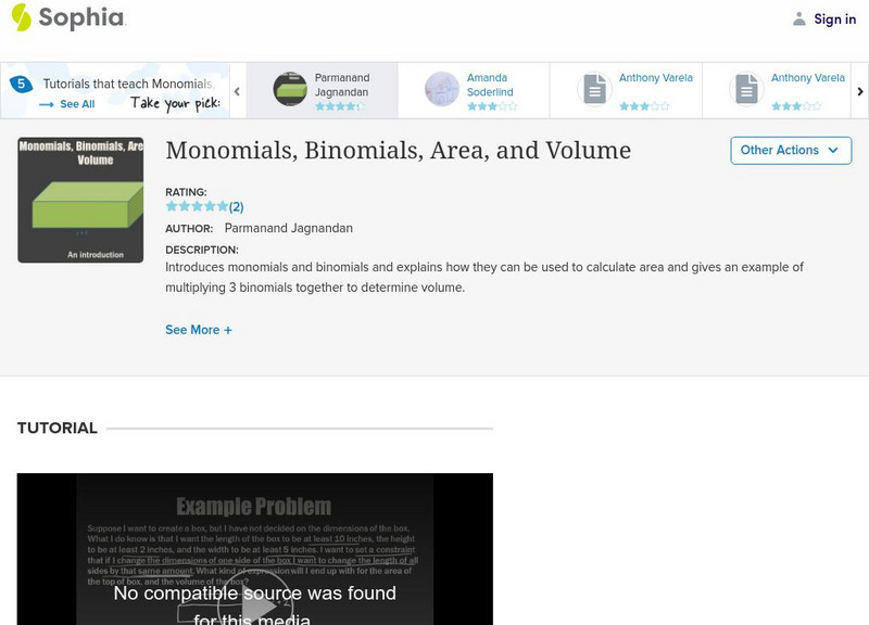 Sophia: Monomials, Binomials, Area, and Volume Instructional Video