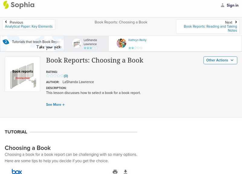 Sophia: Book Reports: Choosing a Book: Lesson 1 PPT Sophia: Book Reports: Choosing a Book: Lesson 1 PPT