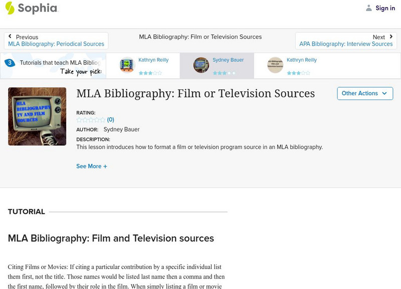 Sophia: Mla Bibliography: Film or Television Sources: Lesson 2 Instructional Video