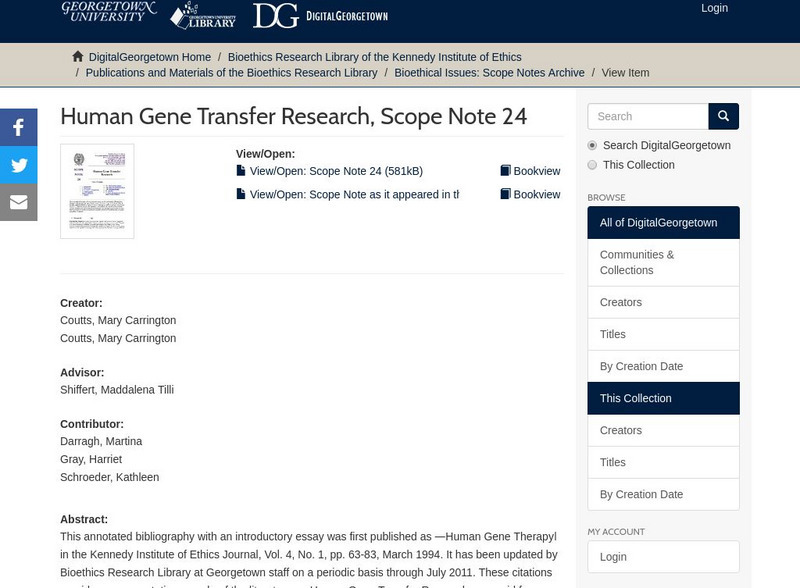 Georgetown Univ.: Scope Note 24, Human Gene Therapy Handout Georgetown Univ.: Scope Note 24, Human Gene Therapy Handout