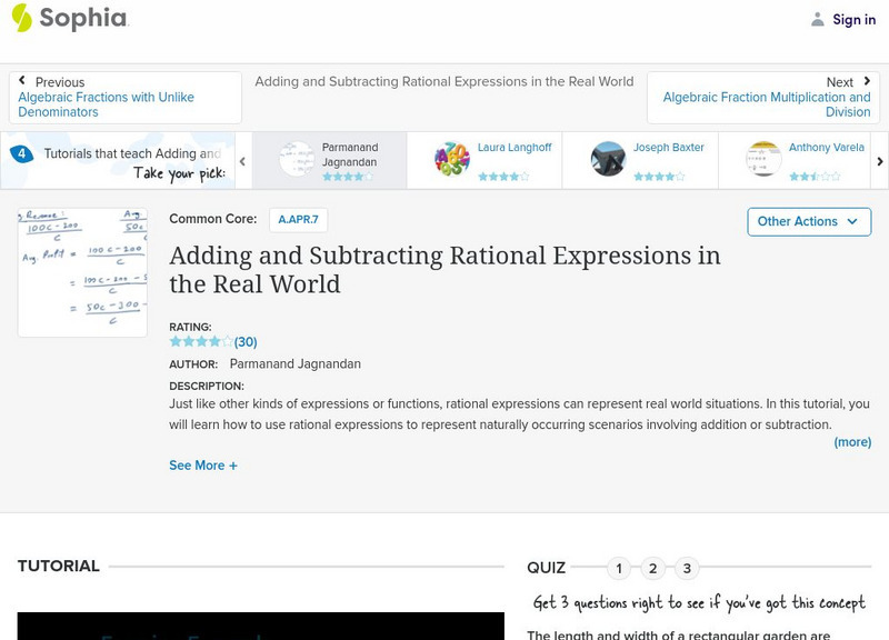 Sophia: Adding and Subtracting Rational Expressions in the Real World Instructional Video Sophia: Adding and Subtracting Rational Expressions in the Real World Instructional Video
