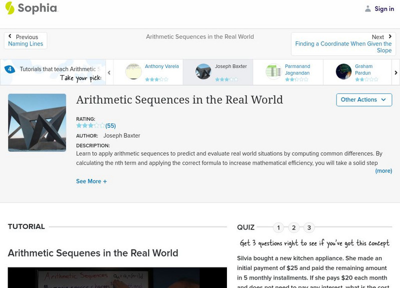 Sophia: Arithmetic Sequences in the Real World Instructional Video Sophia: Arithmetic Sequences in the Real World Instructional Video