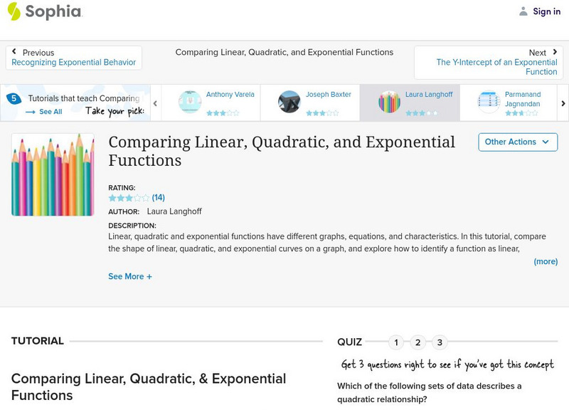 Sophia: Comparing Linear, Quadratic, and Exponential Functions Instructional Video