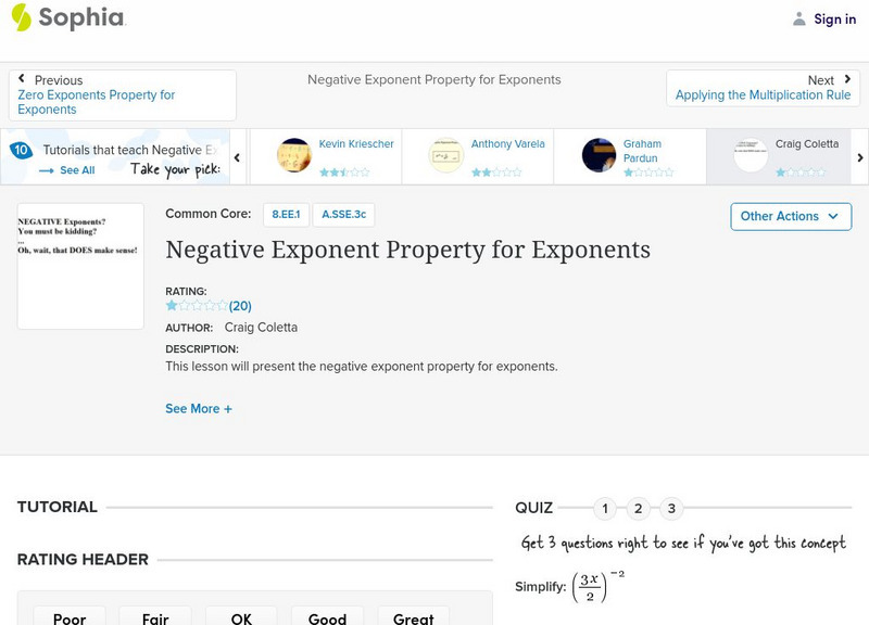 Sophia: Negative Exponent Property for Exponents Instructional Video Sophia: Negative Exponent Property for Exponents Instructional Video