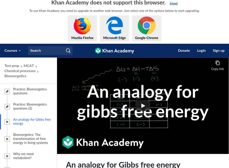 Khan Academy: Test Prep: Mcat: Chemical Processes: Bioenergenetics: An Analogy for Gibbs Free Energy Instructional Video Khan Academy: Test Prep: Mcat: Chemical Processes: Bioenergenetics: An Analogy for Gibbs Free Energy Instructional Video