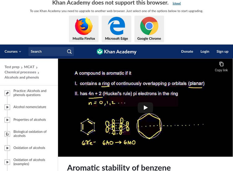 Khan Academy: Test Prep: Mcat: Chemical Processes: Alcohols and Phenols: Aromatic Stability of Benzene Instructional Video Khan Academy: Test Prep: Mcat: Chemical Processes: Alcohols and Phenols: Aromatic Stability of Benzene Instructional Video
