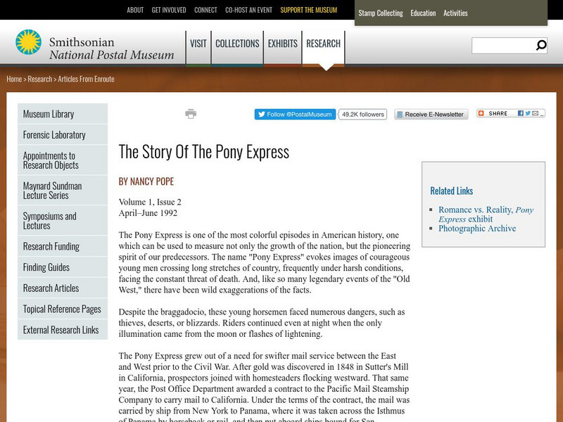 National Postal Museum: The Story of the Pony Express Handout National Postal Museum: The Story of the Pony Express Handout