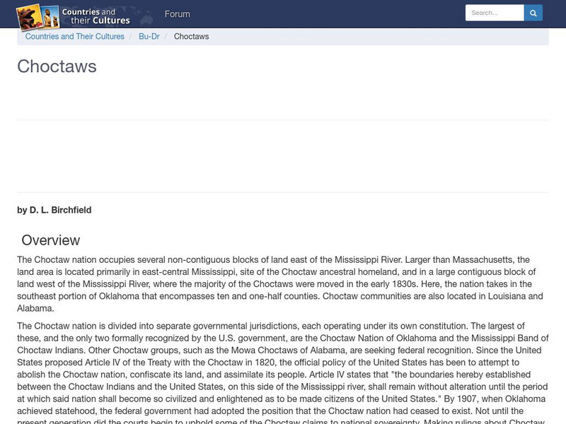 Countries and Their Cultures: Multicultural America: Choctaws Handout Countries and Their Cultures: Multicultural America: Choctaws Handout