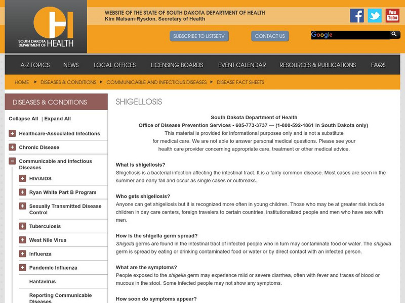 South Dakota Dept. Of Health: Shigellosis Handout South Dakota Dept. Of Health: Shigellosis Handout