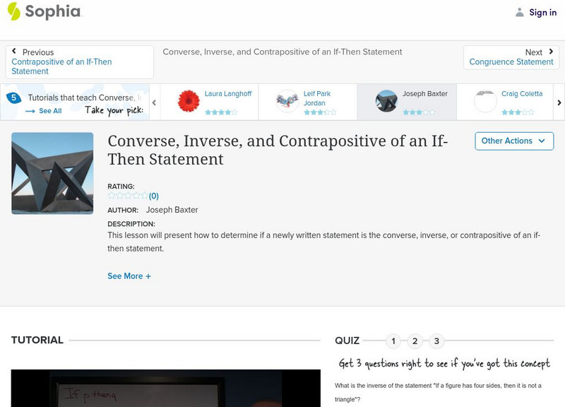 Sophia: Converse, Inverse, and Contrapositive of an if Then Statement Instructional Video Sophia: Converse, Inverse, and Contrapositive of an if Then Statement Instructional Video