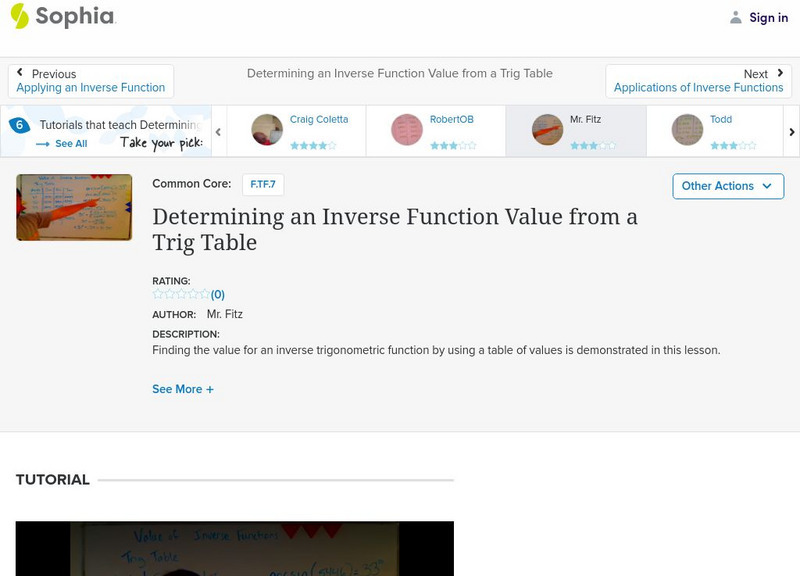 Sophia: Determining an Inverse Function Value From a Trig Table Instructional Video