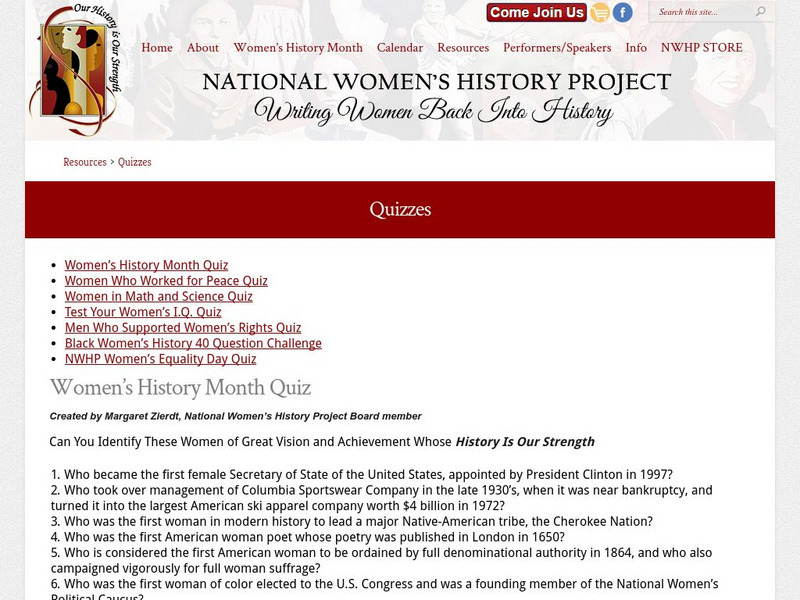National Women's History Project: Women's History Month Quiz Unknown Type National Women's History Project: Women's History Month Quiz Unknown Type
