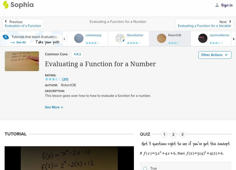 Sophia: Evaluating a Function for a Number: Lesson 3 Instructional Video