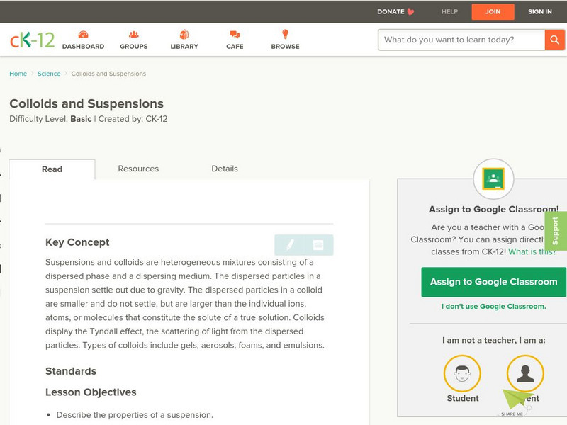 Ck 12: Chemistry: Colloids and Suspensions Unit Plan