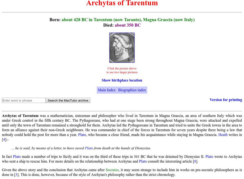 University of St. Andrews: Archytas of Tarentum Handout University of St. Andrews: Archytas of Tarentum Handout