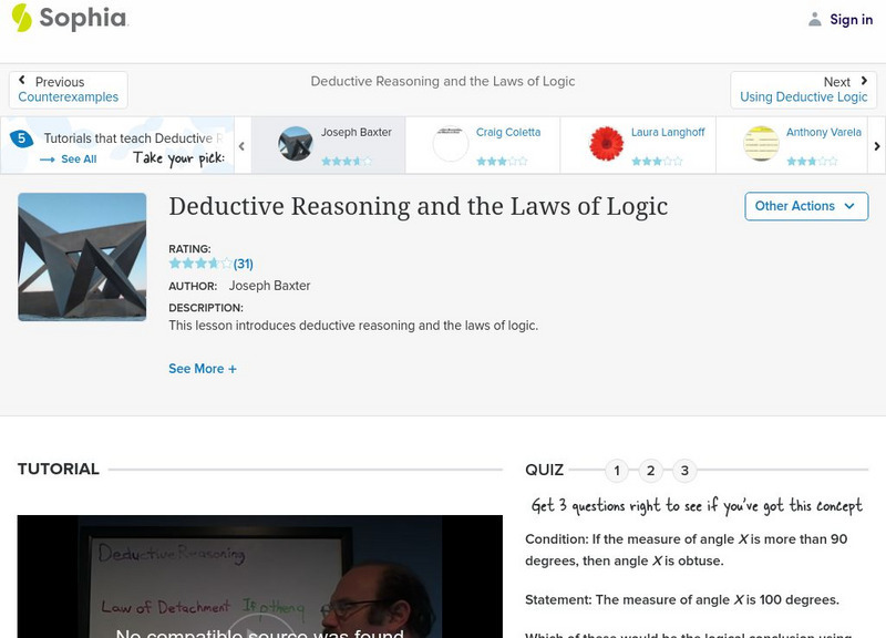 Sophia: Deductive Reasoning and the Laws of Logic: Lesson 1 Instructional Video Sophia: Deductive Reasoning and the Laws of Logic: Lesson 1 Instructional Video