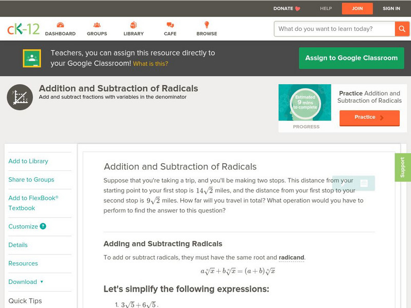 Ck 12: Algebra: Addition and Subtraction of Radicals eBook