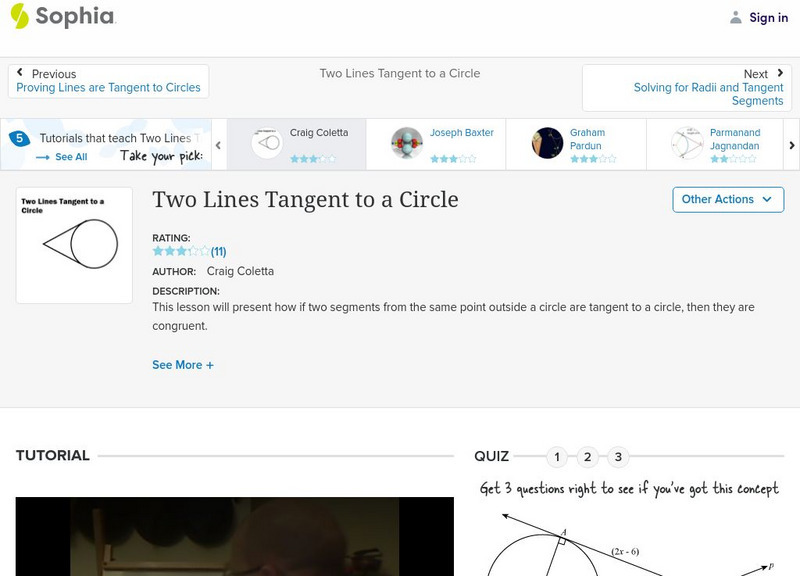 Sophia: Two Lines Tangent to a Circle: Lesson 2 Instructional Video Sophia: Two Lines Tangent to a Circle: Lesson 2 Instructional Video