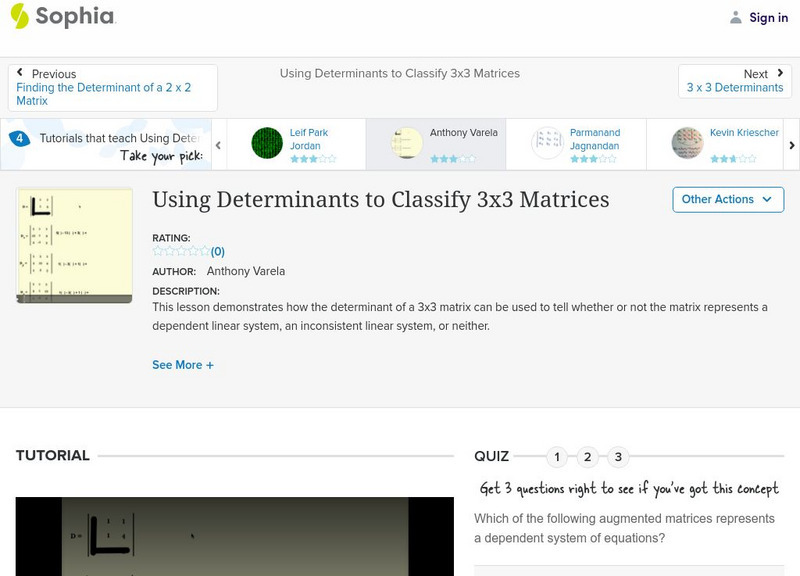 Sophia: Using Determinants to Classify 3x3 Matrices: Lesson 3 Unit Plan Sophia: Using Determinants to Classify 3x3 Matrices: Lesson 3 Unit Plan