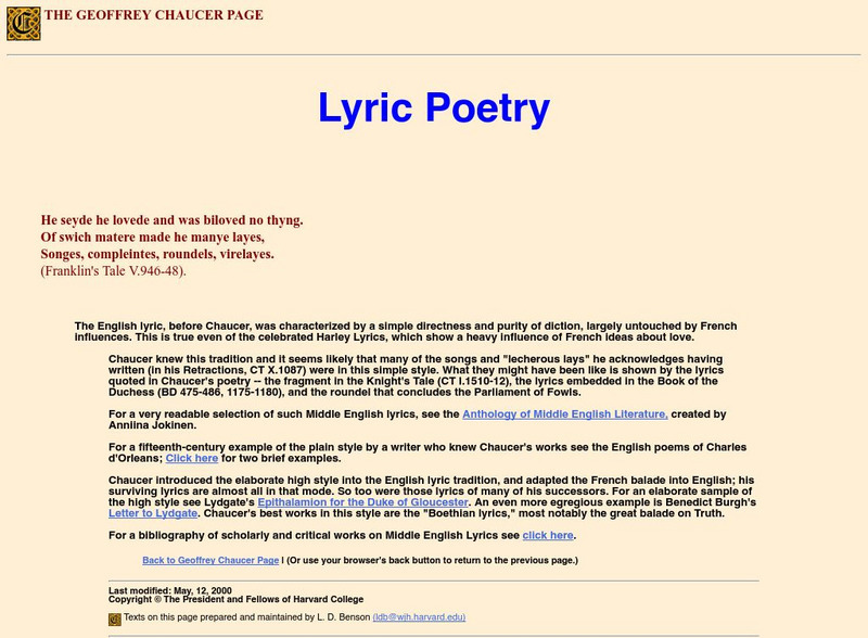 The Geoffrey Chaucer Page: Lyric Poetry Website The Geoffrey Chaucer Page: Lyric Poetry Website