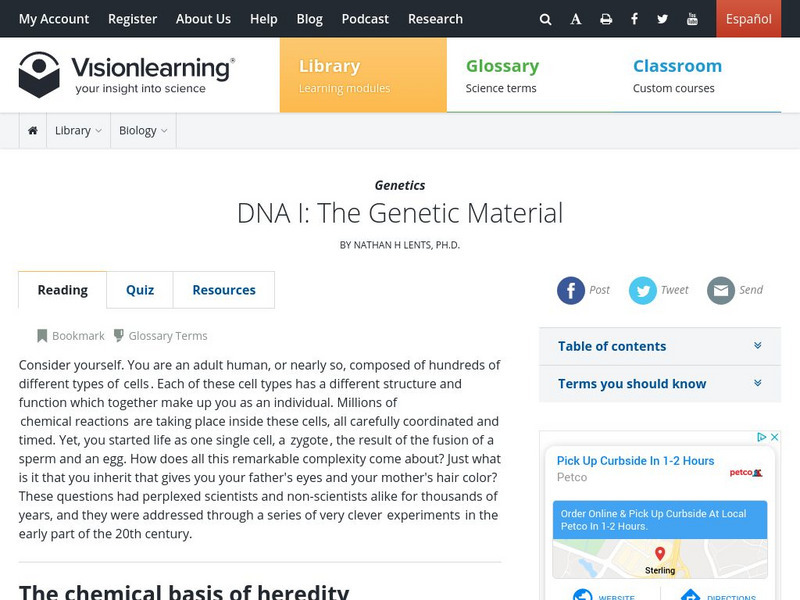 Visionlearning: Biology: Dna I: The Genetic Material Unit Plan
