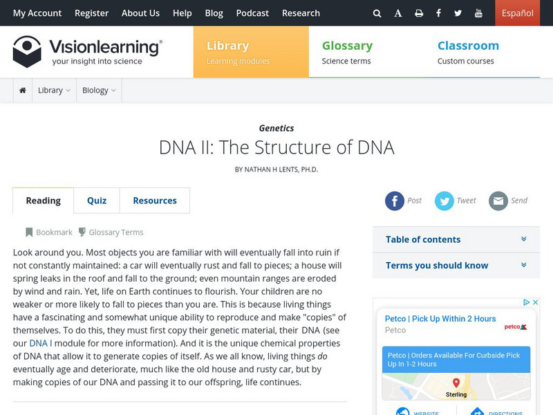 Visionlearning: Biology: Dna Ii: The Structure of Dna Unit Plan Visionlearning: Biology: Dna Ii: The Structure of Dna Unit Plan