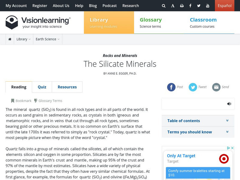 Visionlearning: Earth Science: Minerals Iii: The Silicates Unit Plan Visionlearning: Earth Science: Minerals Iii: The Silicates Unit Plan