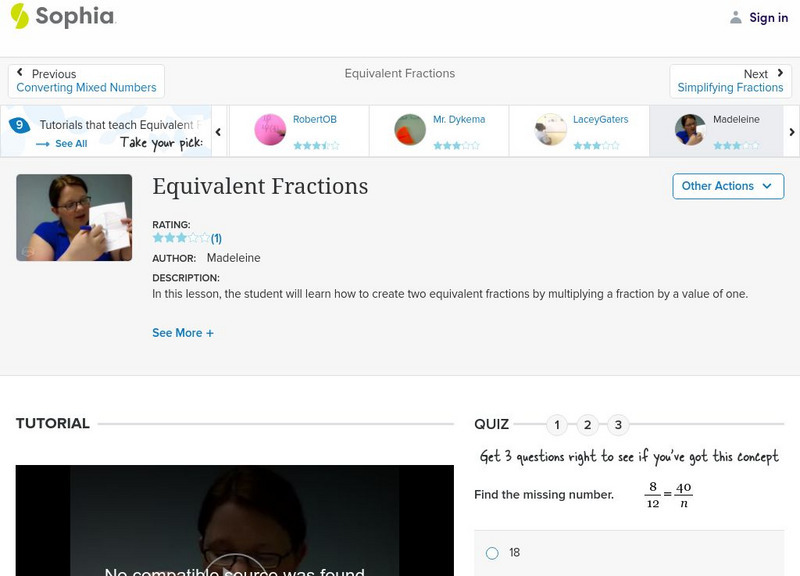 Sophia: Equivalent Fractions: Lesson 1 Instructional Video Sophia: Equivalent Fractions: Lesson 1 Instructional Video