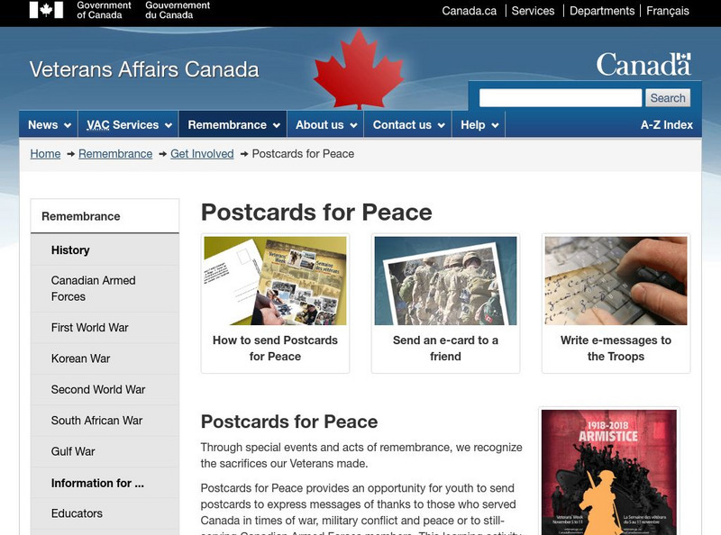 Veterans Affairs Canada: Postcards for Peace Website Veterans Affairs Canada: Postcards for Peace Website