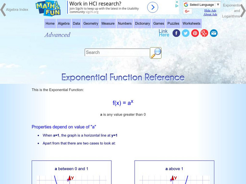 Math Is Fun: Exponential Function Reference Handout