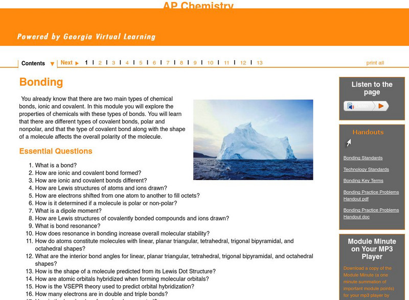 Ga Virtual Learning: Ap Chemistry: Bonding Unit Plan Ga Virtual Learning: Ap Chemistry: Bonding Unit Plan