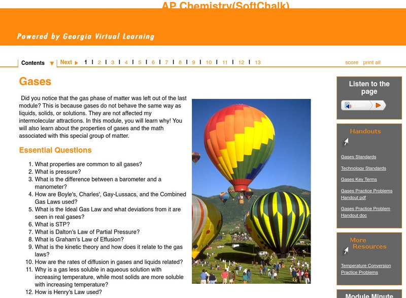 Ga Virtual Learning: Ap Chemistry: Gases Unit Plan Ga Virtual Learning: Ap Chemistry: Gases Unit Plan