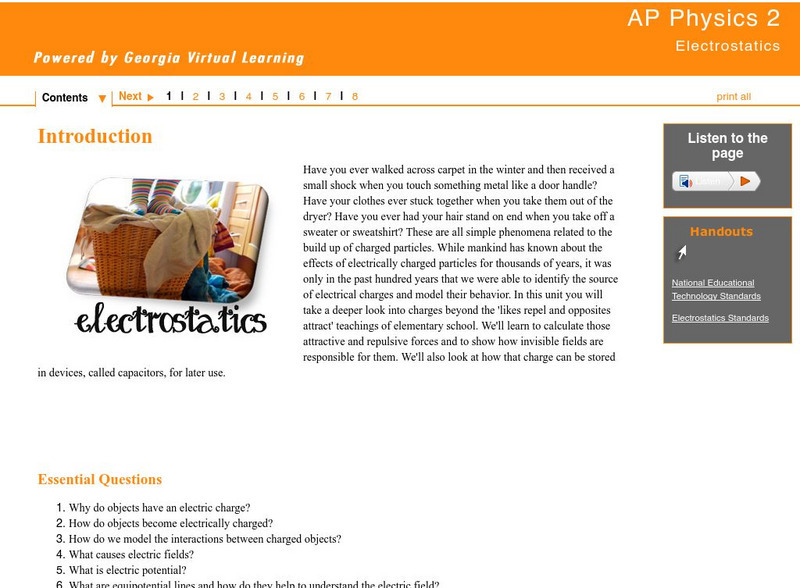 Ga Virtual Learning: Ap Physics 2: Electrostatics Unit Plan Ga Virtual Learning: Ap Physics 2: Electrostatics Unit Plan