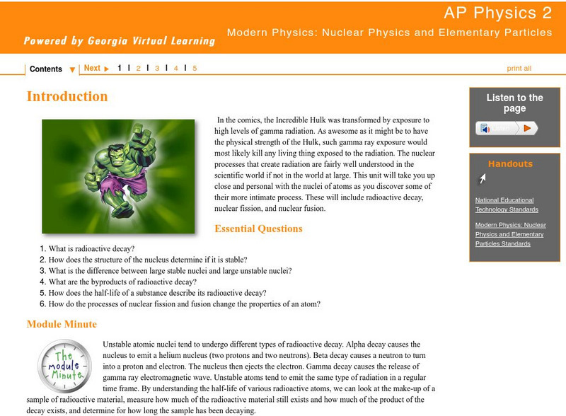 Ga Virtual Learning: Nuclear Physics and Elementary Particles Unit Plan Ga Virtual Learning: Nuclear Physics and Elementary Particles Unit Plan