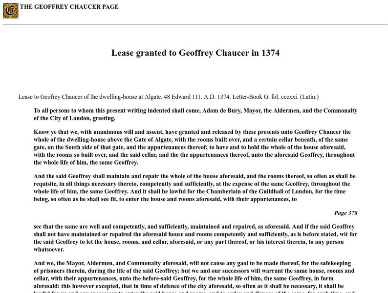 The Geoffrey Chaucer Page: Lease Granted to Chaucer Website The Geoffrey Chaucer Page: Lease Granted to Chaucer Website