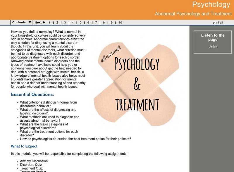 Ga Virtual Learning: Psychology: Abnormal Psychology and Treatment Unit Plan Ga Virtual Learning: Psychology: Abnormal Psychology and Treatment Unit Plan