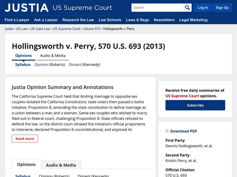 Justia: Hollingsworth v. Perry Handout Justia: Hollingsworth v. Perry Handout
