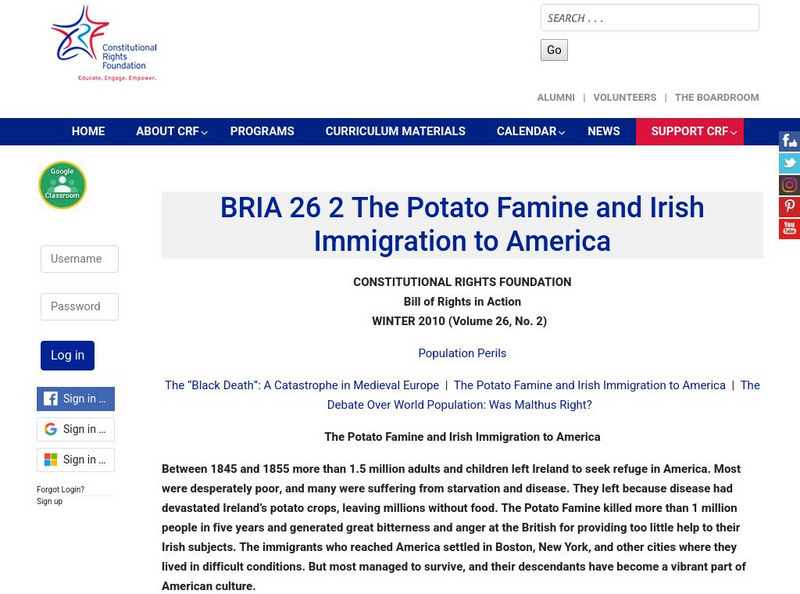 Constitutional Rights Foundation: Population Perils: The Potato Famine and Irish Immigration to America Activity Constitutional Rights Foundation: Population Perils: The Potato Famine and Irish Immigration to America Activity