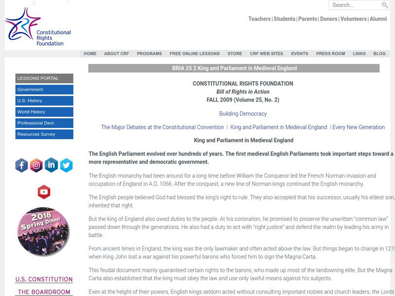 Constitutional Rights Foundation: King and Parliament in Medieval England Activity Constitutional Rights Foundation: King and Parliament in Medieval England Activity