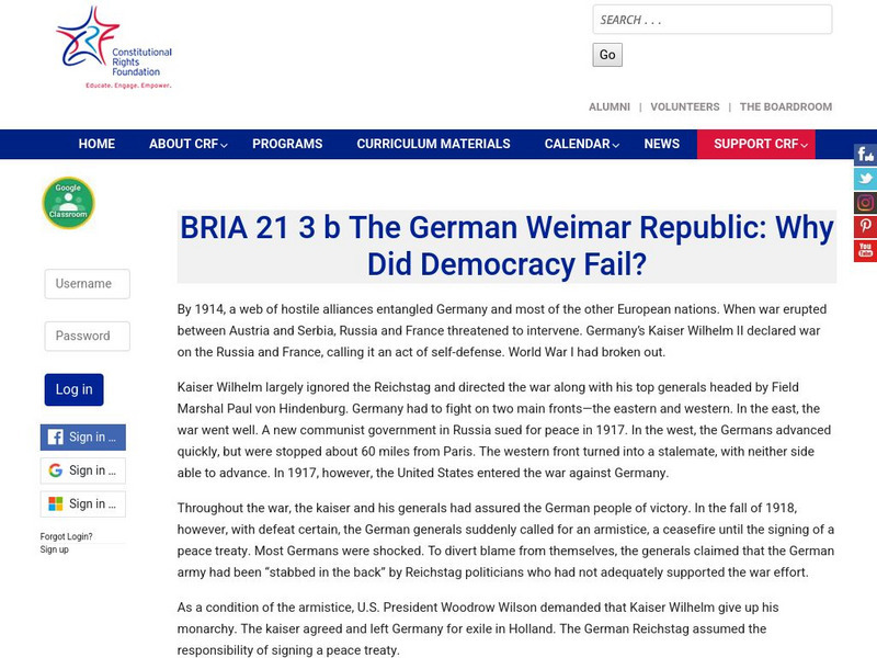Constitutional Rights Foundation: The German Weimar Republic: Why Did Democracy Fail? Activity Constitutional Rights Foundation: The German Weimar Republic: Why Did Democracy Fail? Activity