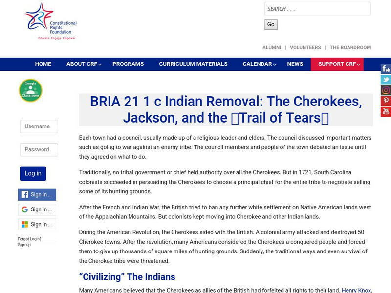 Constitutional Rights Foundation: Indian Removal: The Cherokees, Jackson, and the "Trail of Tears" Activity Constitutional Rights Foundation: Indian Removal: The Cherokees, Jackson, and the "Trail of Tears" Activity