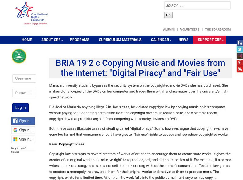Constitutional Rights Foundation: Copying Music and Movies From the Internet: Digital Piracy and Fair Use Activity Constitutional Rights Foundation: Copying Music and Movies From the Internet: Digital Piracy and Fair Use Activity