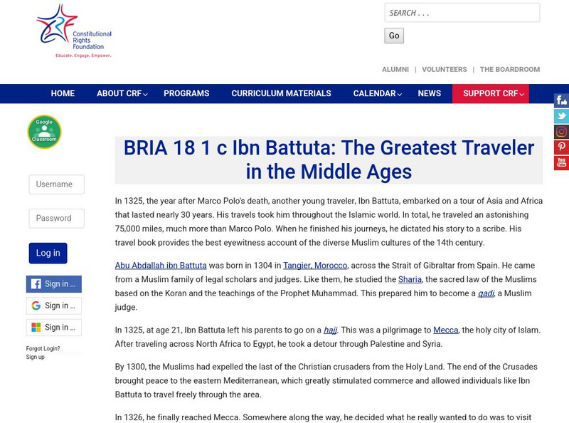 Constitutional Rights Foundation: Ibn Battuta: The Greatest Traveler in the Middle Ages Activity Constitutional Rights Foundation: Ibn Battuta: The Greatest Traveler in the Middle Ages Activity