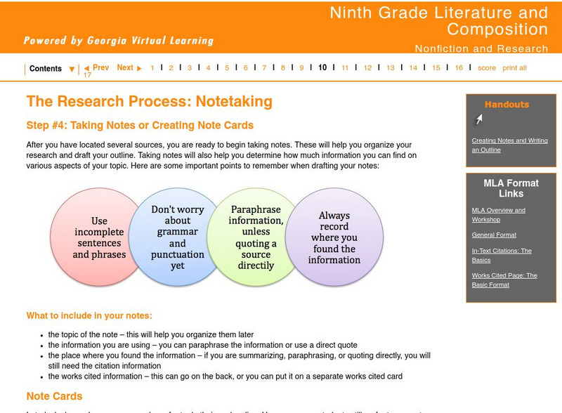 Ga Virtual Learning: Nonfiction and Research: The Research Process: Notetaking Unit Plan Ga Virtual Learning: Nonfiction and Research: The Research Process: Notetaking Unit Plan
